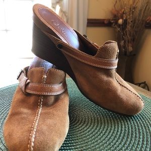 Cole Haan Golden Brown Leather Suede Wedge Mules